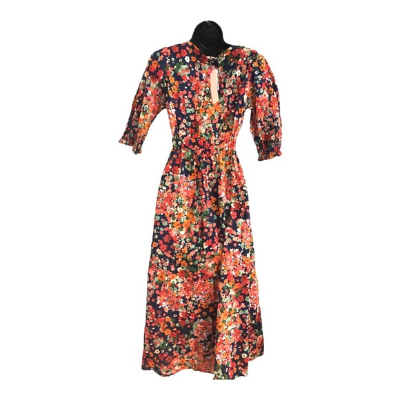 Red orange floral multi midriff cut out cotton v-neck midi dress size medium new - Picture 12 of 16